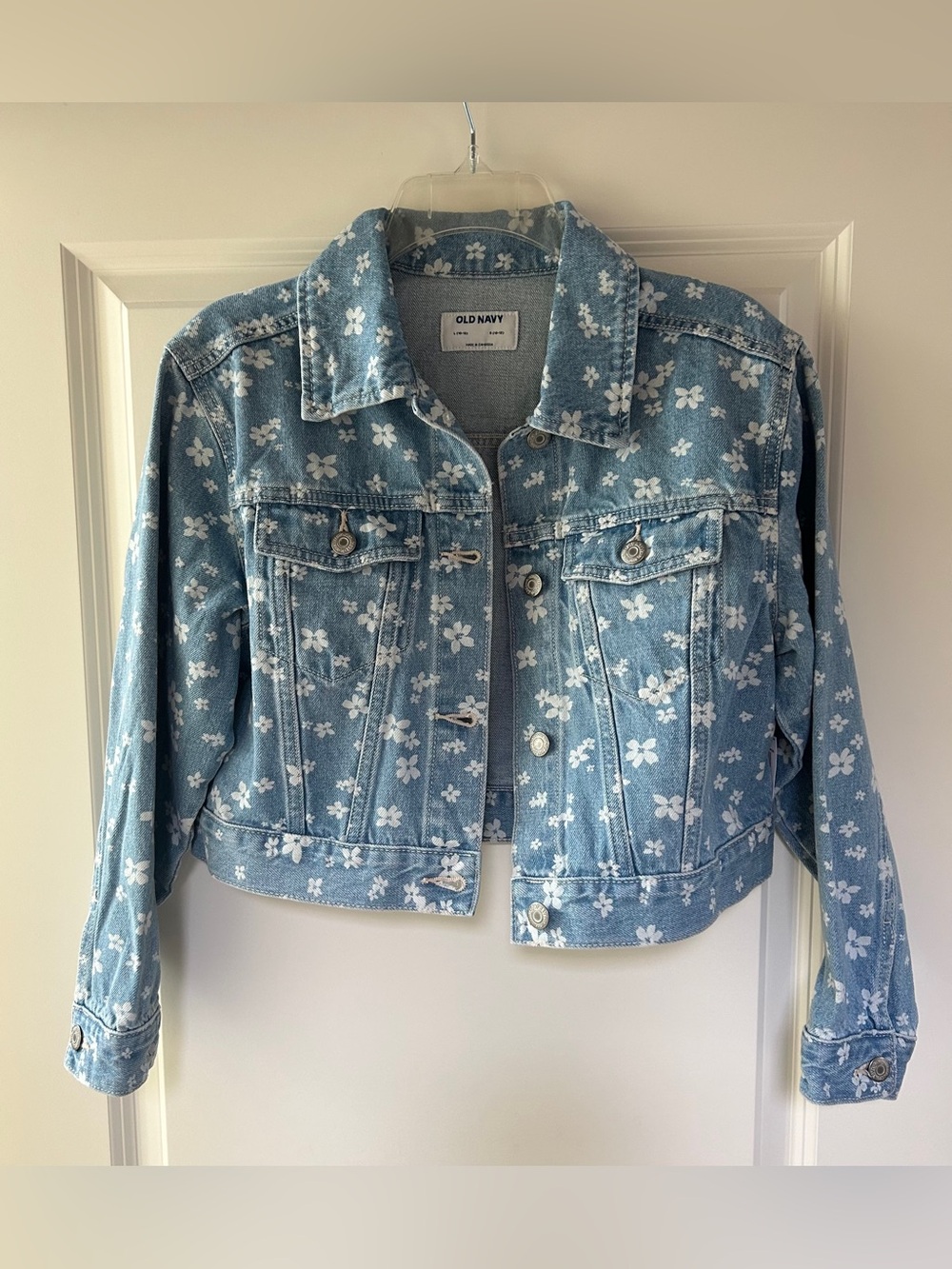 Old Navy Girls Blue Floral Cropped Denim Jacket Jean Trucker Jacket Large 10-12
